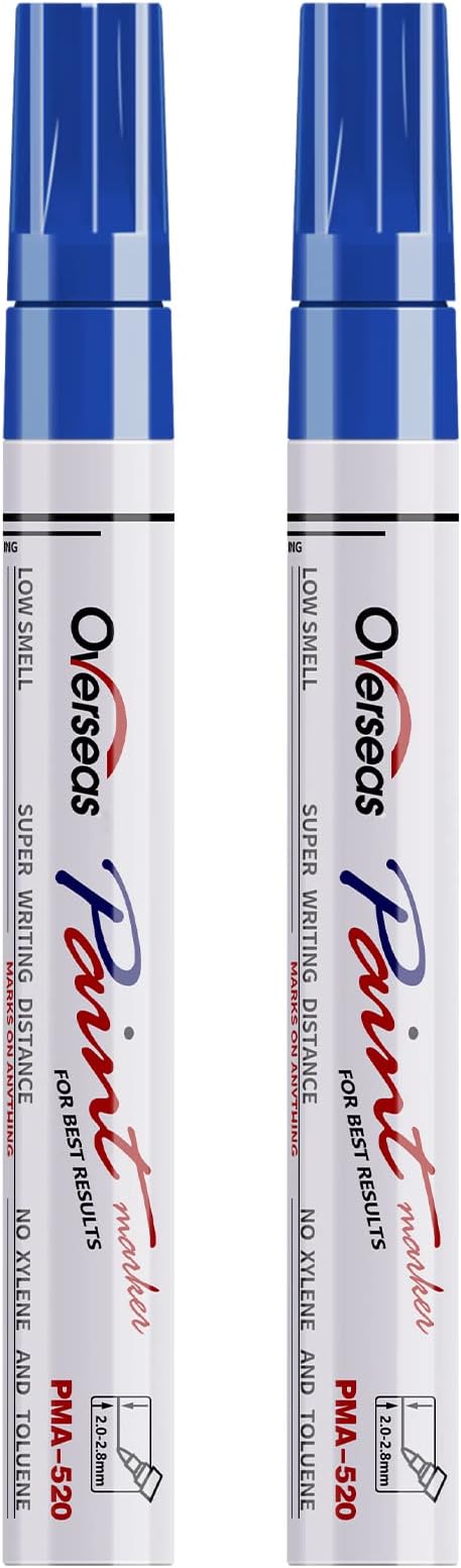 Overseas Blue Paint Pens Permanent Markers, 2 Oil Based Paint Makrers | Medium Tip, Waterproof, Quick Dry, Fade Resistant, Bright Colors Marker Pen for Metal, Wood, Plastic, Rock, Rubber, Canvas