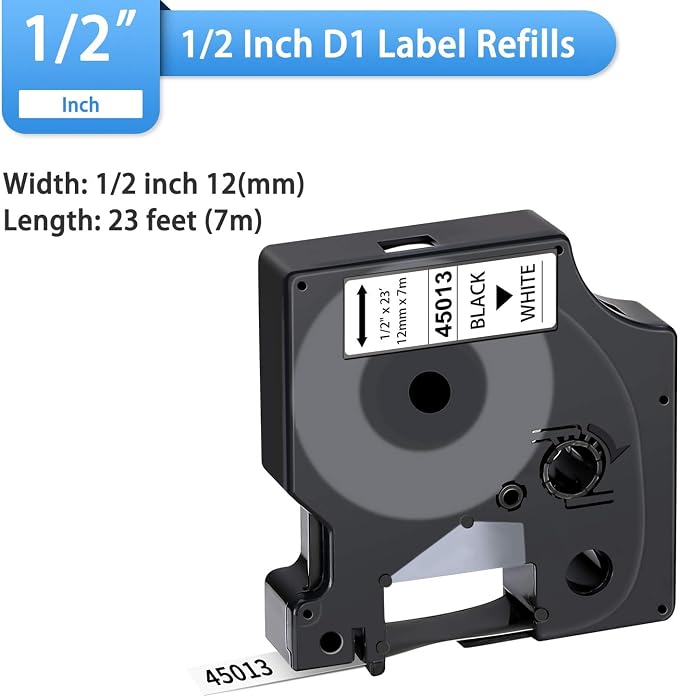 10-Pack Label Maker Tape Compatible with DYMO D1 Label Tape 45013 S0720530 Black on White 1/2 Inch x 23 Feet for Dymo Label Maker Refills LabelManager 160 280 210D 360D 420P PnP 220P 260P 500TS 450DUO