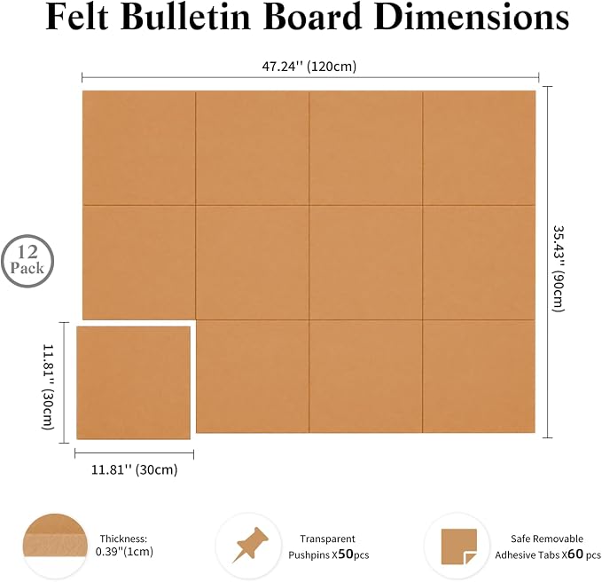 48" x 36" Decorative Bulletin Boards, Large Cork Board Alternative | 50 Pushpins60 Adhesive Tabs, Solid-Tile 12PC Felt Wall Tiles, Cork Boards for Office Push Pin Board Felt Board, Creamy Coffee | 50 Pushpins60 Adhesive Tabs, Solid-Tile 12PC Felt Wall ...