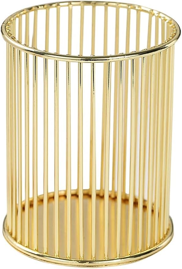 Gold Metal Pen Holder with Open-Grid Design – Stainless Steel Desk Organizer for Pens, Makeup Brushes & Pencils – Breathable, Rustproof, 3x3x3.9 Inch – Home Office, Vanity & Bathroom