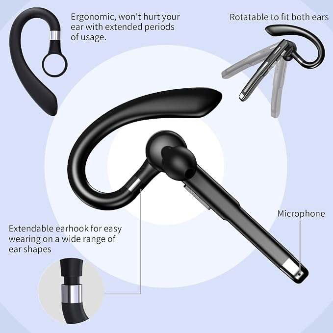 Bluetooth Headset with Microphone, Wireless Bluetooth Earpiece for Work, Trucker Headset with ENC Noise Cancelling Mic, 72H Charging Case, Bluetooth 6.1 Hands Free for Driving Office PC Phone, Black