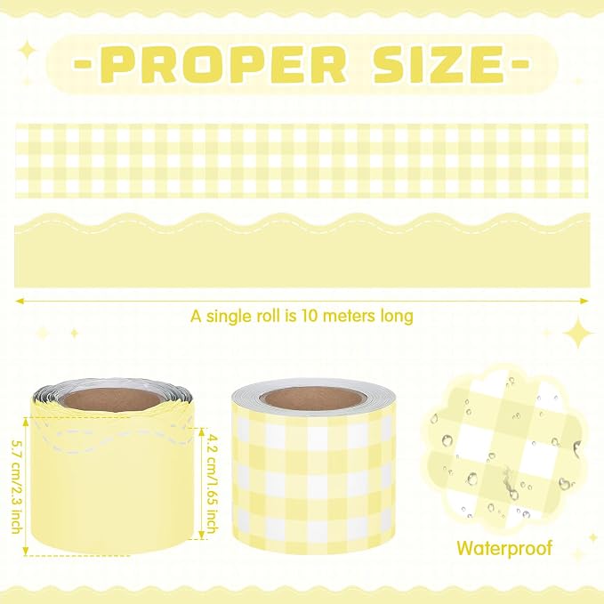 2 Rolls 65.6ft Marcaron Yellow Gingham Bulletin Board Borders Decoration Yellow Checkered and Straight Edge Bulletin Borders Board Trim for Office School Classroom Chalkboard Party Decoration