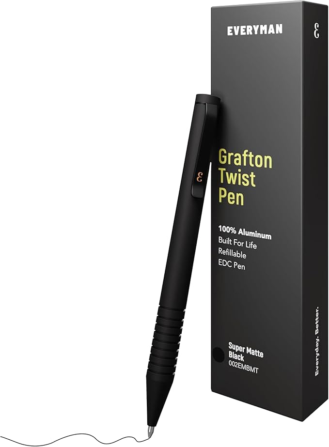 Everyman Black Super Matte Mini Twist Gel Pen | Compact Refillable 0.7mm Gel Pen with Twist Mechanism | Durable Metal EDC Writing Tool for Travel, Office, Work & Gifting