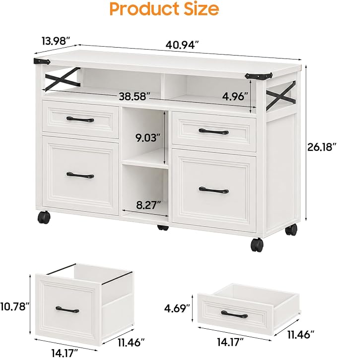Halitaa Farmhouse Filing Cabinet with Adjustable Shelf & Wheels, White | Lateral File Cabinets, Office Storage Cabinet with 4 Drawers, Open Storage Space, for Hanging Files A4/Letter for Home Office