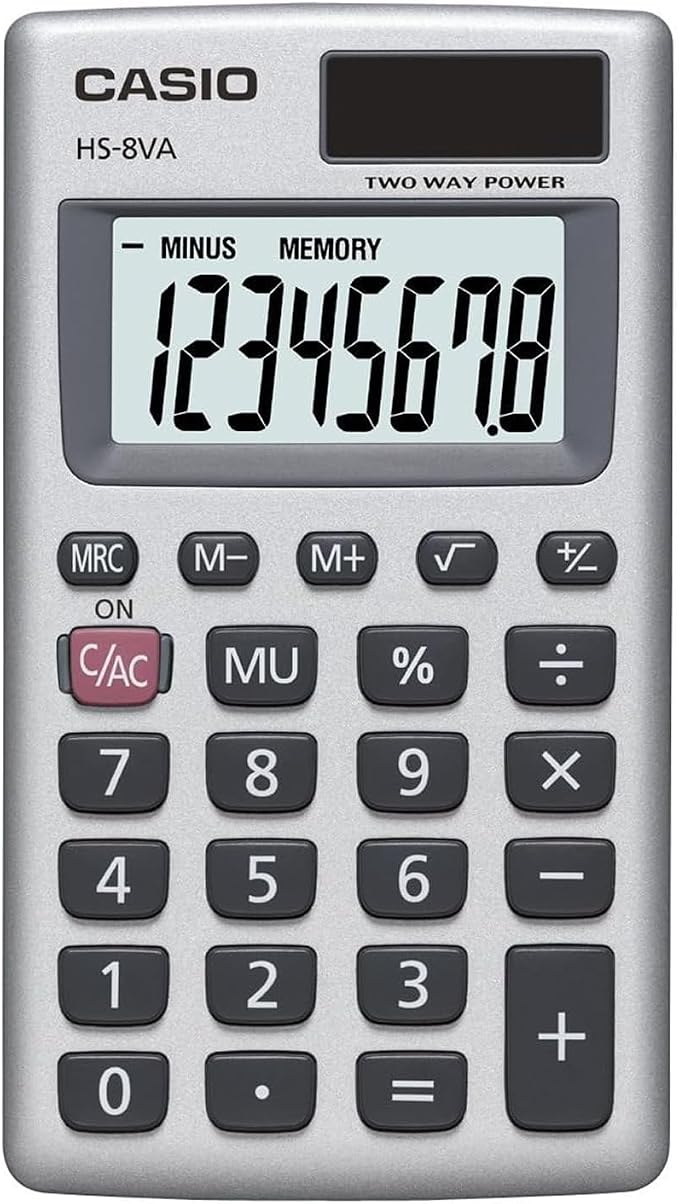 Casio HS-8VA Mini 6-Function Calculator | Large 8-digit LCD, solar with battery backup, portable pocket size standard function