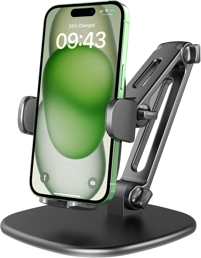 APPS2Car Phone Stand for Desk, Adjustable Cell Phone Holder for Office | Triple-Clamp Phone Holder, Height-Adjustable Folding Arm, 360° Rotation, Anti-Slip Base, Fits Cases up to 20mm
