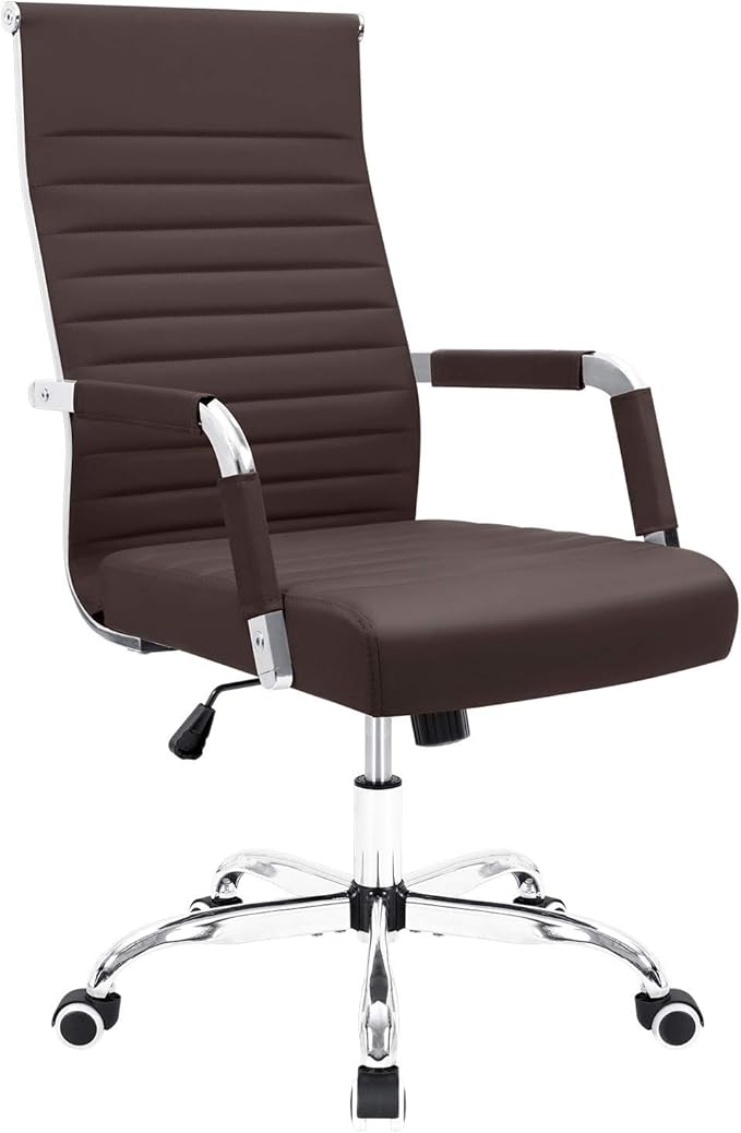 Furmax Ergonomic Office Desk Chair, Executive Ribbed Mid-Back PU Leather Conference Room Chair Adjustable Swivel Chair with Arms (1, Brown)
