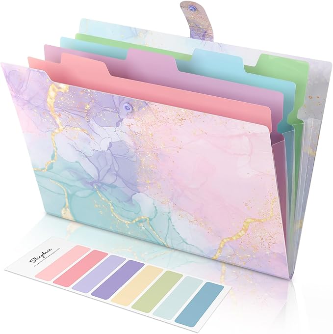 SKYDUE Expanding File Folder with 5 Pockets, Cute Accordion File Organizer, Letter Size Filing Folder, Letter Size Folders for Documents, School Office Supplies Marble Pink