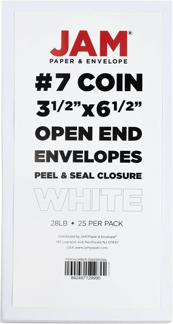 JAM PAPER #7 Coin Business Envelopes with Peel and Seal Closure - 3 1/2 x 6 1/2 - White - 25/Pack