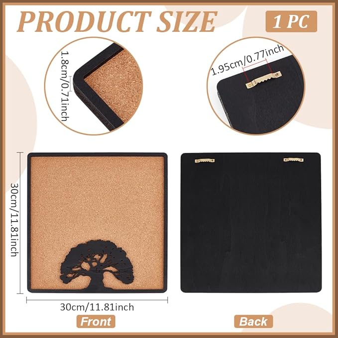 BENECREAT Square Tree of Life Pin Board Cork Board, 11.8x11.8inch Bulletin Display Board Wall Mounted Cork Board with Black Frame for Brooch Pin Storage Display, Office Home and School Decor