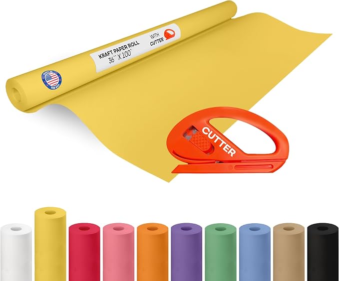 Yellow Kraft Paper Roll 36" x 1200" (100 feet) with Cutter - USA-Made Gift Wrapping Paper for Packing, Moving, Shipping & Crafts/Arts - 100% Recyclable Natural Craft Material by IDL Packaging | Gift Wrapping Paper for Packing, Moving, Shipping & Crafts...