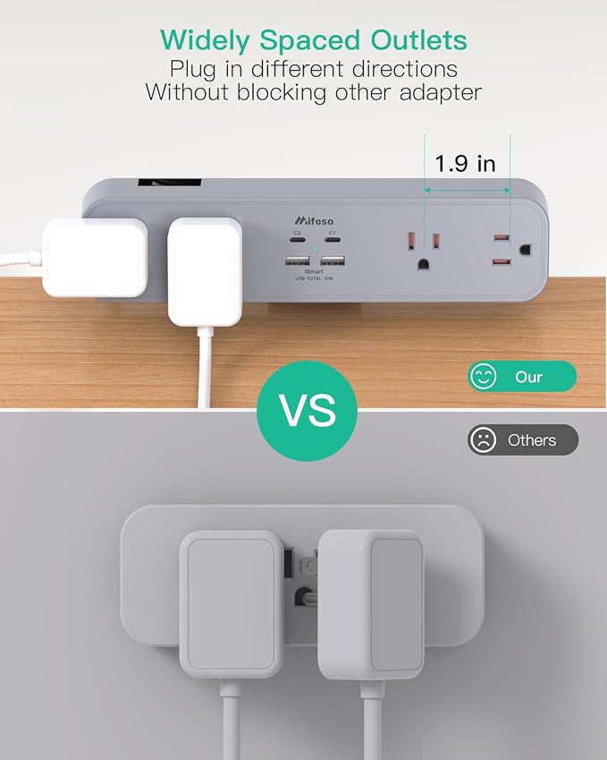 Mifaso PD30W Desk Clamp Power Strip, Surge Protector, Fast Charging Station | 4 Outlets, 4 USB (2 USBC), 5FT Extension Cord, Desk Organizer Gaming Accessories Home Office Essentials, Fits 1.96" Edge,Gray
