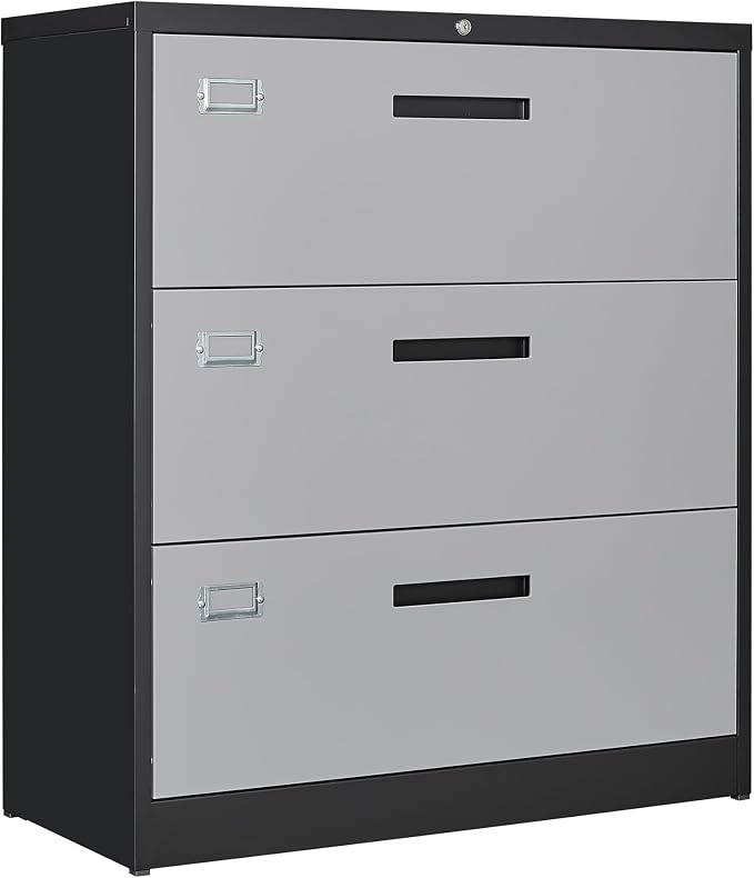 File Cabinet with Lock-Lateral 3 Drawer Metal Filing Cabinets-Organization Storage for Home Office-Hanging Letter/Legal/F4/A4 Size (Grey Black)
