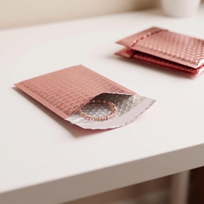 100 PCS 5 x 6 Inch Metallic Bubble Mailers, Rose Gold Padded Mailing Envelopes, Practical Self Seal Aluminum Film Shipping Envelopes for Packing, Mailing
