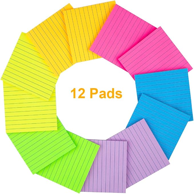 (12 Pads) Lined Sticky Notes 4x4 in, 6 Bright Colors Self-Stick Note Pads | Strong Adhesive, 47 Sheets/Pad