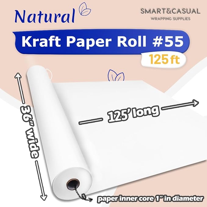SMART&CASUAL 36" x 1,500" (125') White Kraft Craft Paper Roll for Gift Wrapping Bulletin Board Bouquet Flower Kids Art Packing Parcel Table Covering 80GSM 55LB (White, 36" x 125')