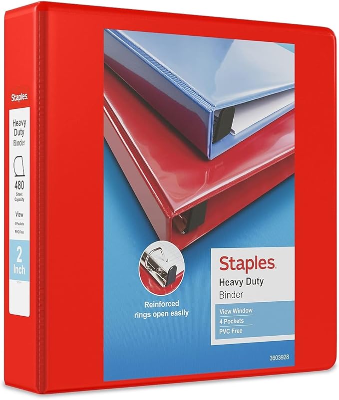 Staples Heavy-Duty 2-Inch D-Ring View Binder, Reinforced Spine, Holds Up to 450 Sheets, Red, for Office & School