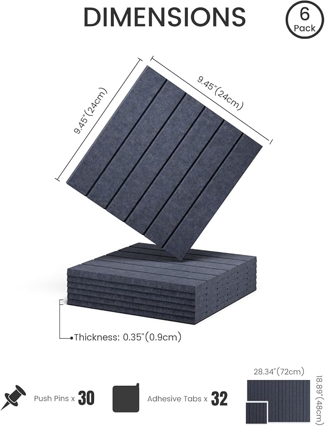 28" x 18" Felt Bulletin Board Tiles, Fine Stripe, Navy Blue | 6-Pack Cork Board Alternative, 30 Adhesive Tabs, Push Pin Board, Wall Decor, Office, Home, Classroom, Dorm