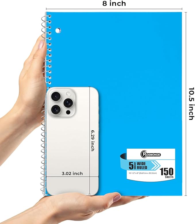 6 Pack, 5 Subject Notebook Wide Ruled, 150 Sheets (300 Pages) | No-Bleed Paper, 8 x 10-1/2", 5 Subject Spiral Notebook with Dividers, 150 Sheets, 3 Hole Punched, Spiral Notebooks for School