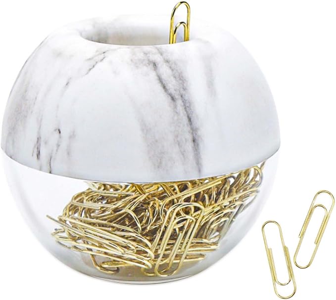 100pcs 28mm Gold Paper Clips Medium in White Marble Paper Clips Holder Dispenser Round Paperclips Storage Case for Office Desk Organizer Accessories (Marble)