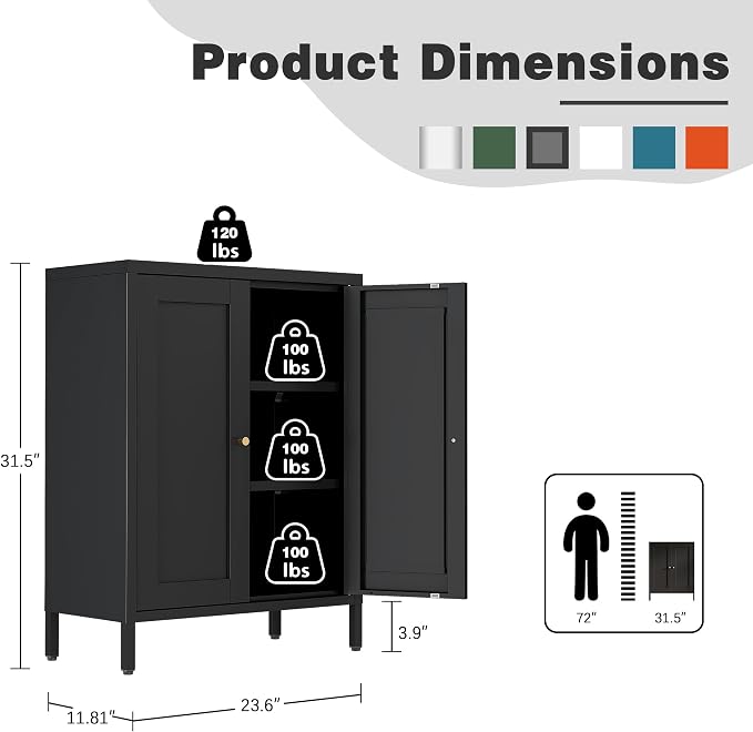 Bevivog Small Bathroom Storage Cabinet, Black Metal Locker Cabinet with 2 Doors and 2 Adjustable Shelves, Metal Floor Cabinets Sideboard for Home Office, Living Room, Hallway, Entryway