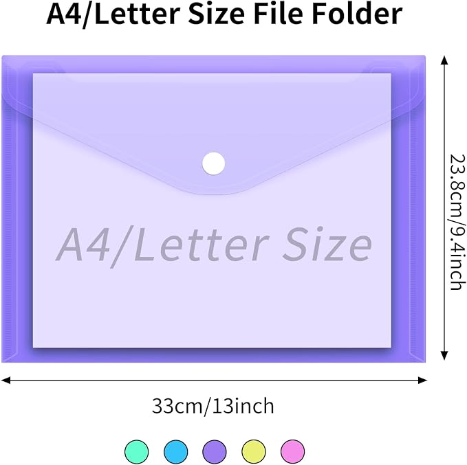 EOOUT 5pcs Plastic Envelopes, Plastic Folders for Documents, Poly Folders with Snap Closure, A4 Size, Letter Size, for School and Office Supplies