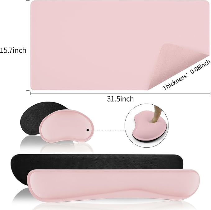 Pink Leather Desk Pad and Keyboard Wrist Rest, 31.5"x15.7" | 3in1 Mouse pad + Keyboard Wrist Rest + Mouse Wrist Rest, Non-Slip Waterproof Desk Writing Pad for Office and Home