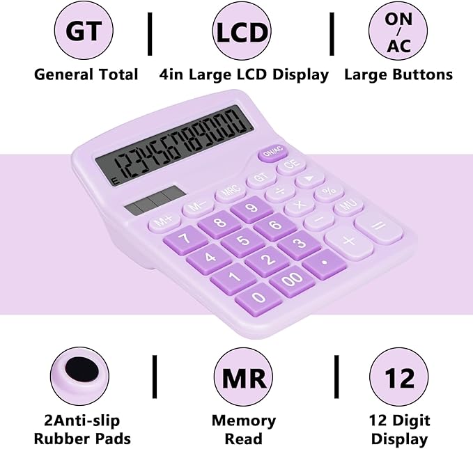 Cute Purple Desktop Calculator with Big Buttons, Dual Power Source, Solar and Battery, Large Display Screen - Perfect for Office, Teachers, and Students (Purple)