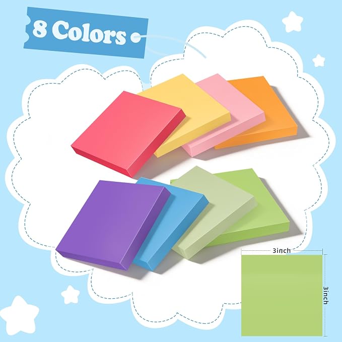 3x3 Inch 8 Pack Self-Stick Sticky Notes, 480 Total Sheets, Colorful Memo Pads for Home, Office & School