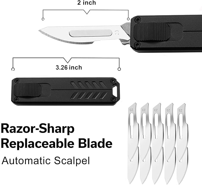 Auto Retractable Utility Knife, Safety Black Automatic Box Cutter, Scalpel Pocket Knife, Push Button EDC Razor Knife with 10PCS #23 Blades