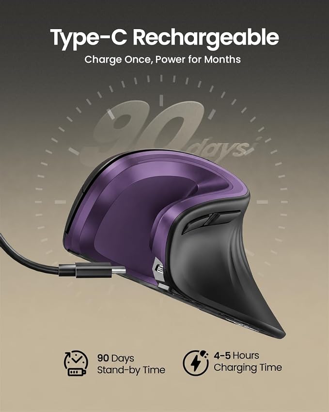 ProtoArc EM11 NL Wireless Ergonomic Mouse, Rechargeable, Black Purple | 58° vertical design supports a natural wrist posture, connect 3 devices via Bluetooth/2.4G USB-A, 500mAh USB-C rechargeable.