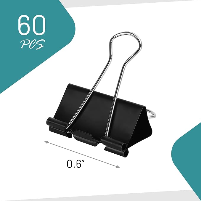 Binder Clips - 60 Pack Mini Black Paper Clamps, 0.6 Inch, Holds 30 Pages, File Clip for Home, Office and School Supplies