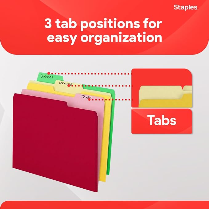 Staples Colored File Folders, Letter Size, 3-Tab Top-Tab, 100/Pk | Durable 10.5-point paper stock for everyday office document filing.