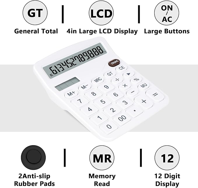 Cute White Desktop Calculator with Big Buttons, Dual Power Source, Solar and Battery, Large Display Screen - Perfect for Office, Teachers, and Students (White)