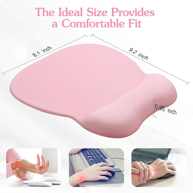 Office Mouse pad with Gel Wrist Rest, 9.2 x 8.1 in, Pink | Ergonomic Shape Design for Pain Relief, Cooling Feel Gel Cushioning for Wrist Comfort, Smooth Lycra Surface, Non-Slip PU Base