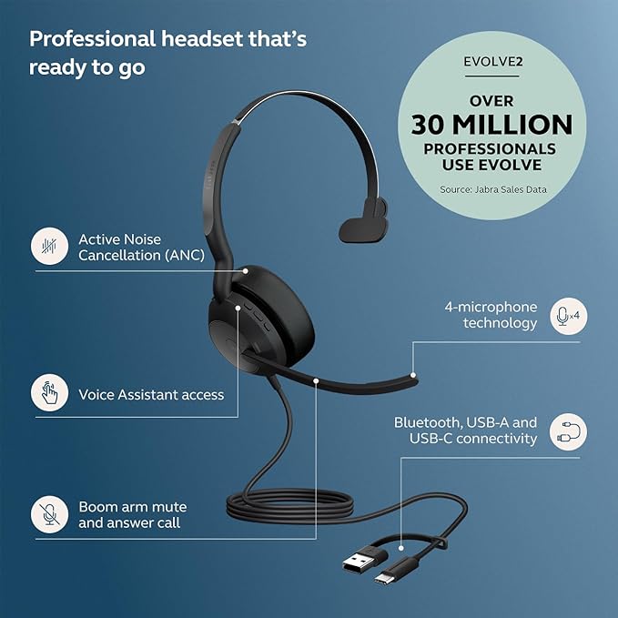Jabra Evolve2 50 Wired Single-Ear Headset - Noise Cancelling Headphones, Bluetooth Headset for Work with Noise Cancelling Microphones, Goes with Online Meeting Platforms Like Microsoft Teams, Black