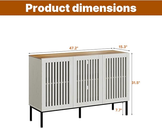 BVIUNTWO 47" Farmhouse Buffet Cabinet with Metal Base, Adjustable Shelves & 3 Doors, Antique White Storage Sideboard for Kitchen, Dining & Living Room