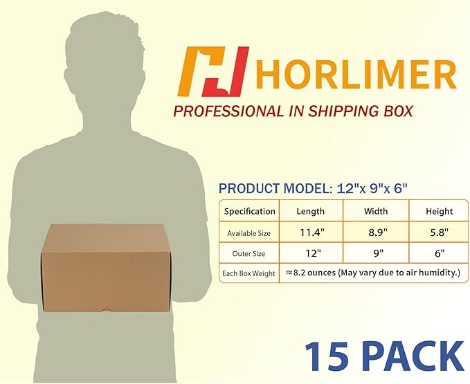 HORLIMER 12x9x6 inches Shipping Boxes Set of 15, Brown Corrugated Cardboard Box for Mailing, Packaging, Small Business