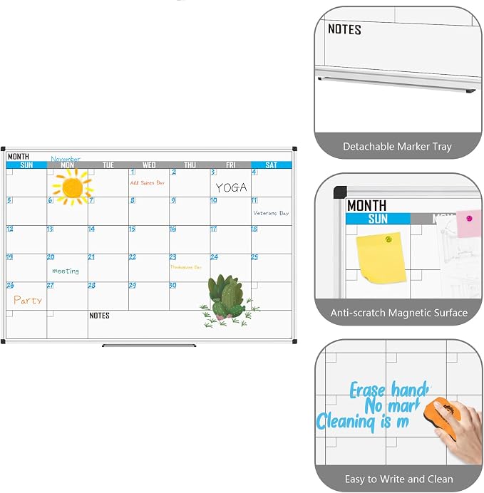 XBoard Magnetic Calendar Whiteboard for Wall 60" x 40" | Monthly Dry Erase Calendar Board, Silver Aluminium Framed for Planning