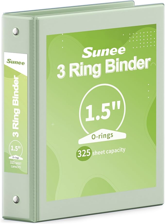SUNEE 3 Ring Binder 1.5 Inch 1 Pack, Clear View Binder Three Ring PVC-Free (Fit 8.5x11 Inches) for School or Office Supplies, Sage Green