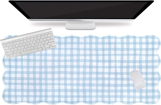 L-SPOUTTO Blue Checkered Mouse Pad,Cottagecore Scalloped Desk Mat XXL Large Cute Pastel Gaming Mousepad,35.4x15.7in Non-Slip Keyboard Pad Waterproof Desktop Mat for Laptop Computer Game Home Office