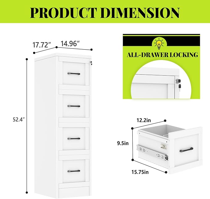 4-Drawer Metal File Cabinet with Lock, Tall Narrow Vertical, White | Tall metal filing cabinet with adjustable rails for Letter, Legal and A4 folders; one lock secures all four drawers