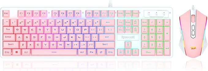 Redragon Updated S107WP Gaming Keyboard and Mouse, RGB Gaming Keyboard and 10000 DPI Mouse Combo with 25-Key Anti-Ghosting, 1K Hz Programmable Mice with Software, Plug & Play to PC, Laptop - Pink