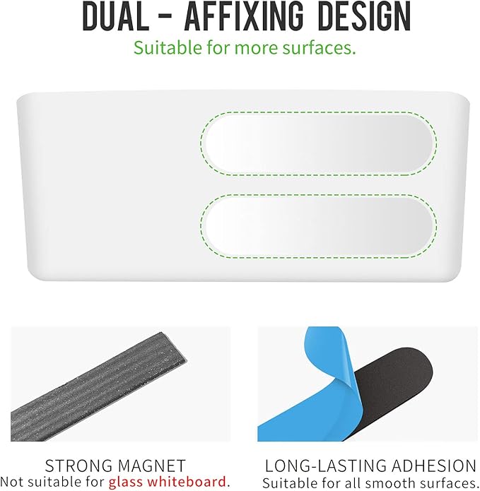 loukin Magnetic & Adhesive Marker Holder, Whiteboard Accessory Tray, White | 8.6" × 2.7", Holds 4 Erasers and 12 Markers, Supports up to 3.3 lb, 2 Mounting Options, Fits Glass and Refrigerators