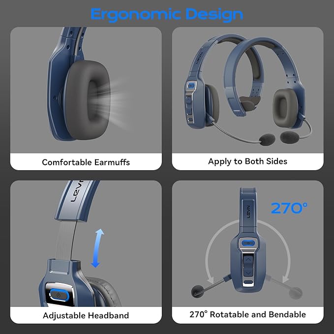 LEVN Bluetooth Headset with Microphone, Trucker Bluetooth Headset with AI Noise Cancelling & Mute Button, Wireless On-Ear Headphones 62 Hrs Working Time, for Trucker Home Office Remote Work Zoom Blue