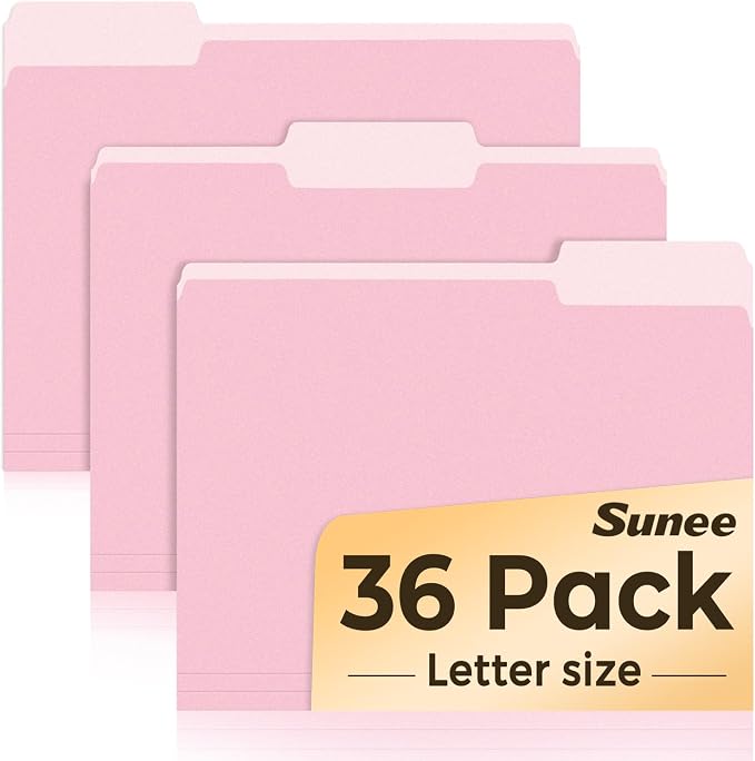 SUNEE File Folders, 36 Pack Manilla Folders 8.5 x 11, Colored File Folders Home Office School Supplies for Documents Files Paper, Pink