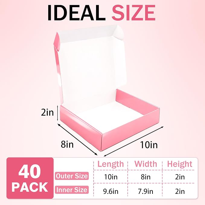 10x8x2 in Shipping Boxes 40 Pack, Glossy Pink Corrugated Cardboard Boxes for Shipping Small Business