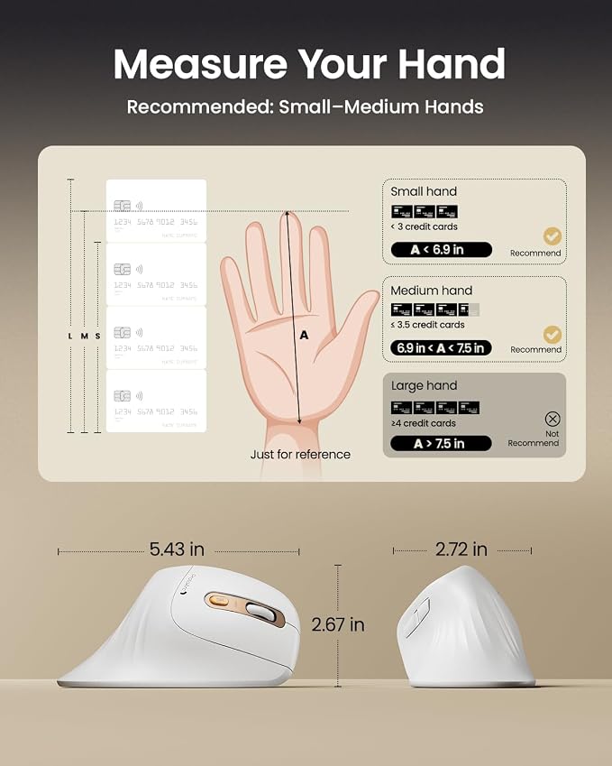 ProtoArc EM11 NL Wireless Ergonomic Mouse, Rechargeable, White Gold | 58° vertical design supports a natural wrist posture, connect 3 devices via Bluetooth/2.4G USB-A, 500mAh USB-C rechargeable.