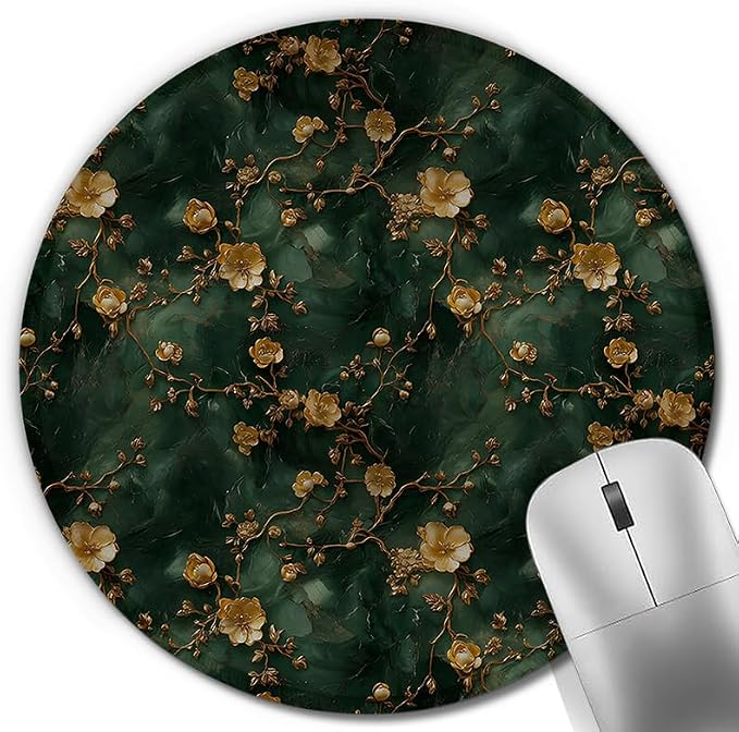 Golden Cherry Blossom Round Mouse Pad, Dark Green and Gold Marble Chinoiserie Floral Mousepad Mat for Home Office Computer Laptop Desk Accessories 7.9x7.9 in