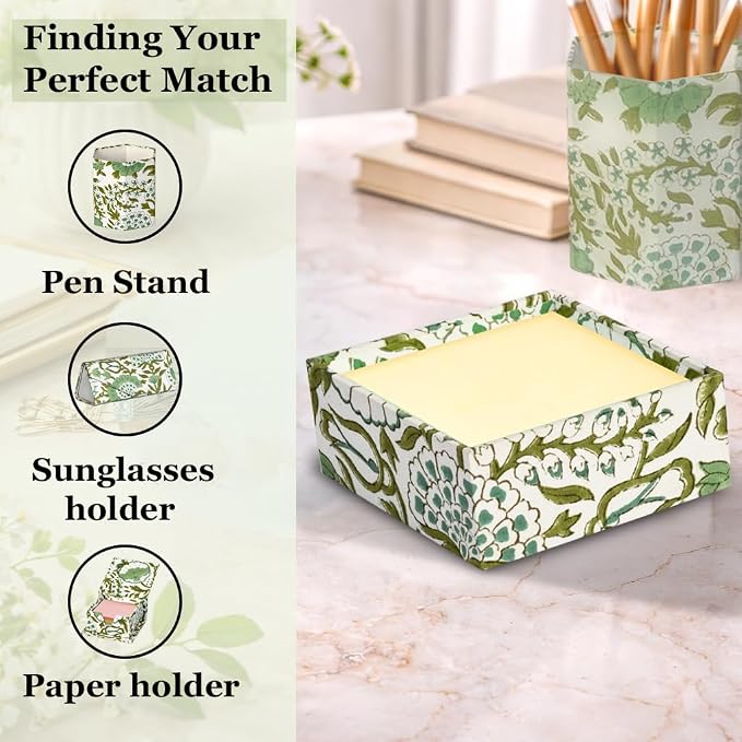 CPC Agate Green Block Print Desk Organizer Memo Note Pad Holder | Cute, Aesthetic, Decor Accessories, Workspace Organizers, Caddy Storage, Gift for Office, Professionals, Student